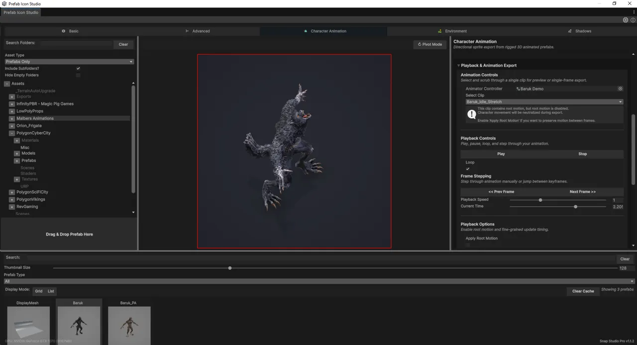 The Character Animation tab. A rigged creature prefab is previewed inside a red capture frame, with an animator controller and clip selected on the right, plus playback controls, frame stepping, playback speed and a current-time scrubber.