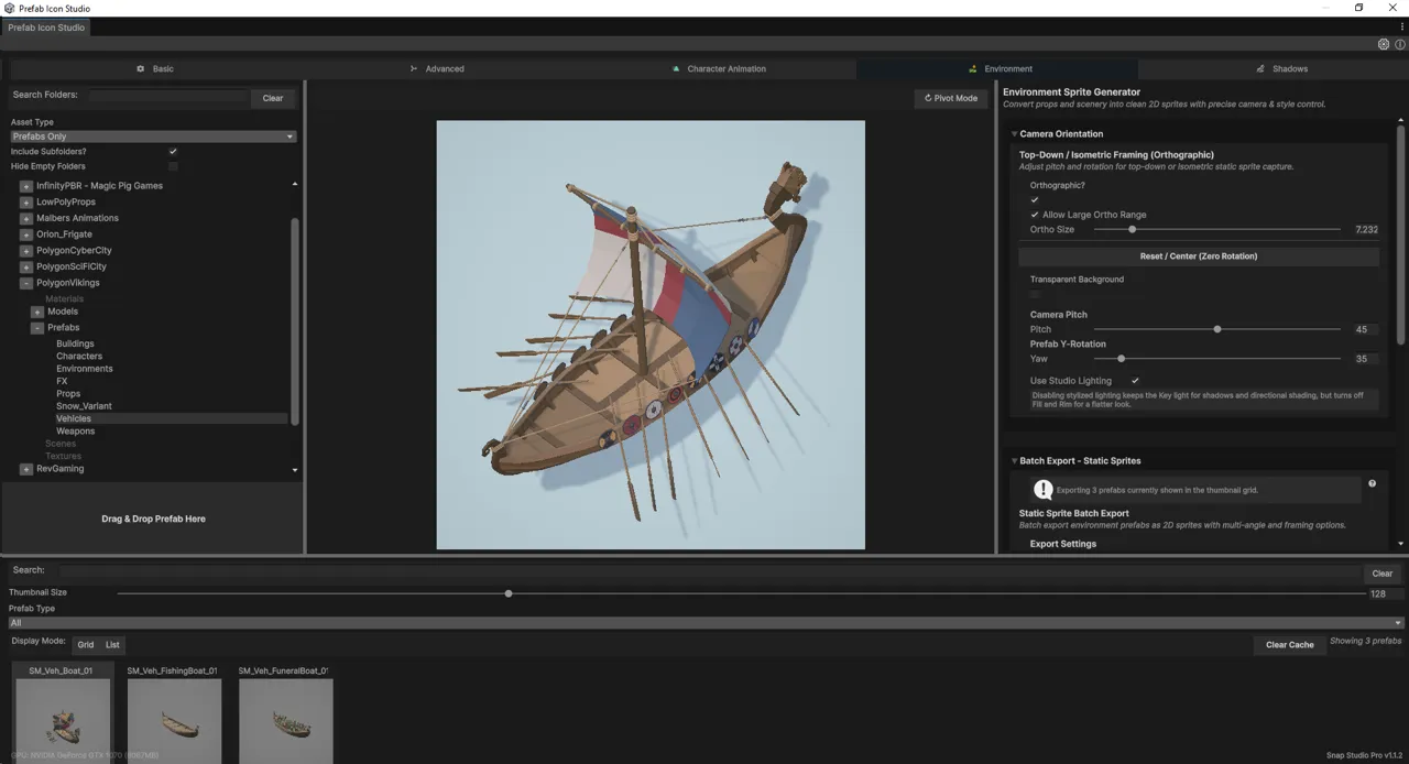 The Environment tab of Snap Studio Pro, set up for capturing buildings, props and scenery as tile-ready sprites.