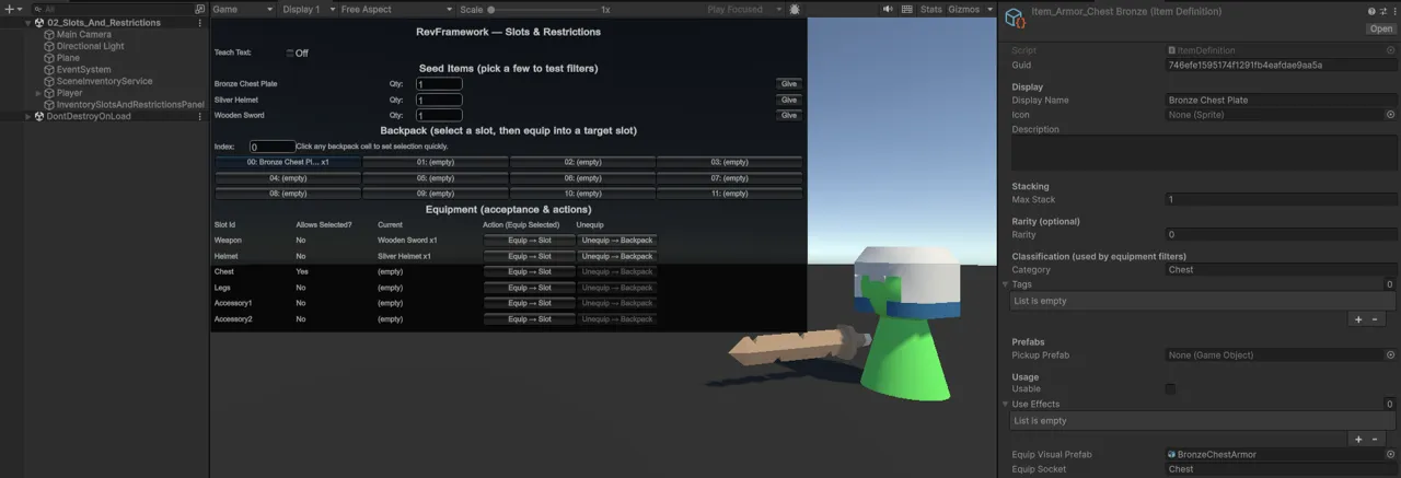 The Slots and Restrictions demo scene running in Unity. A RevFramework teachable panel fills the game view, showing seed items, a twelve-slot backpack, and an equipment table listing Weapon, Helmet, Chest, Legs and two accessory slots with an "Allows Selected?" column reading yes or no per slot. The Inspector on the right shows the Bronze Chest Plate item definition — its GUID, display name, stacking, rarity, category, tags, pickup prefab, use effects and equip socket.