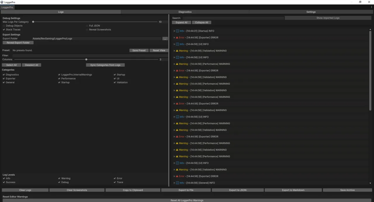 The LoggerPro window on its Logs tab. A settings column on the left holds debug and export options, a category list (Diagnostics, Exporter, General, Performance, Startup, UI, Validation and LoggerPro's own internal warnings) and log-level toggles for Info, Success, Warning, Debug, Error and Trace. The right-hand pane lists timestamped, colour-coded entries with a search box above and export buttons along the bottom.