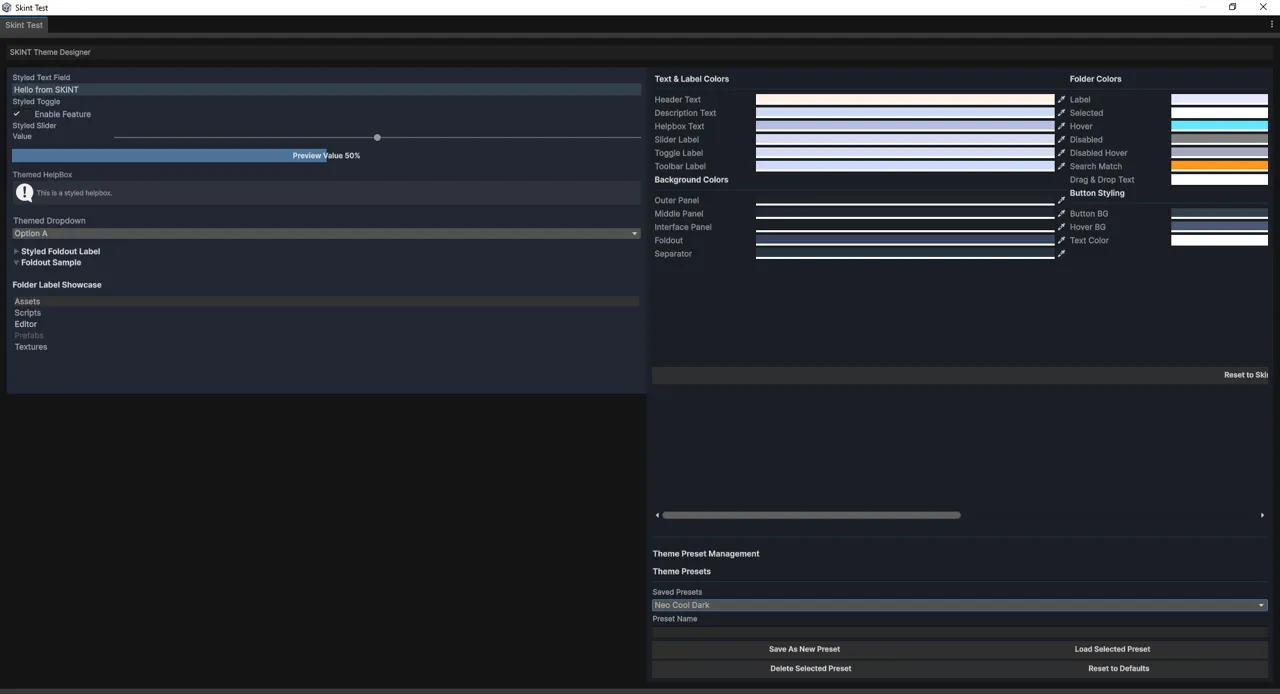 The same designer window with the Neo Cool Dark preset loaded — cool blue-greys throughout, with a cyan hover colour and an orange search-match highlight.